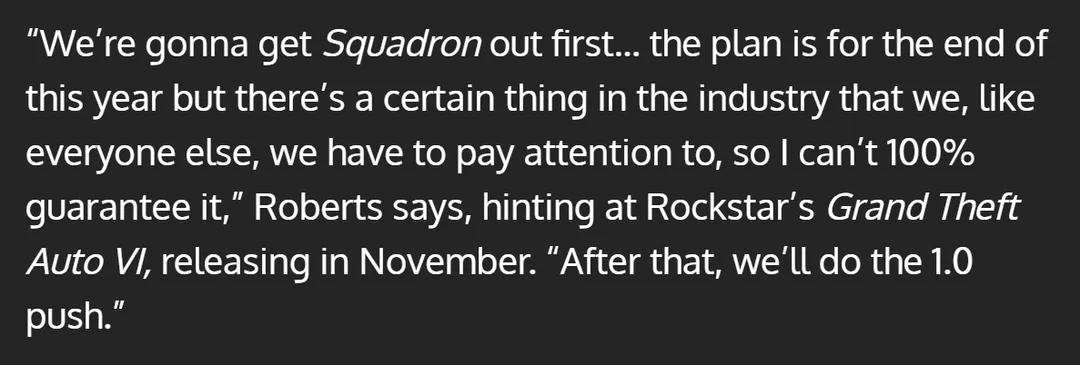 montoya_test's tweet photo. Chris Roberts is preparing Star Citizen fans for the possibility that SQ42 does not come out this year. 

He is not wrong, the entire gaming social media landscape is going to be 24/7 GTA6 outrage and ragebait about political incorrectness. No other gaming news will see daylight for at least 3-4 months after it releases.