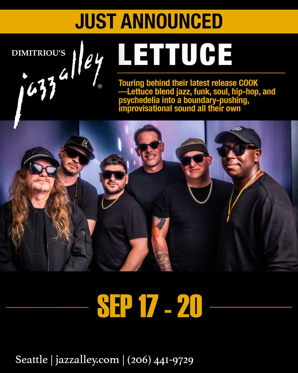 lettucefunk's tweet photo. SEATTLE!! We're coming back 🥬 Catch us at Dimitriou's Jazz Alley for four nights of Funk—Sep 17–20th. Tickets go on sale Fri, 4/8 @ 10am local > https://t.co/XOsdKToXMi https://t.co/qgLmgfHsIx