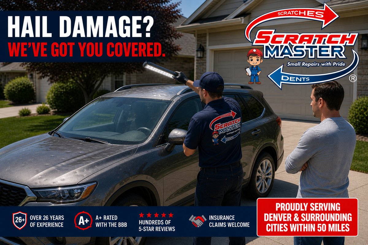 1_ScratchMaster's tweet photo. 🚨 HAIL DAMAGE SEASON IS HERE!!! 🚨
Scratch Master’s Got Your Back! 🚗💥

Colorado storms are no joke—and if you’re in Denver or the surrounding areas, your vehicle could already have hail damage without you even noticing. https://t.co/vX4NaIGGfk