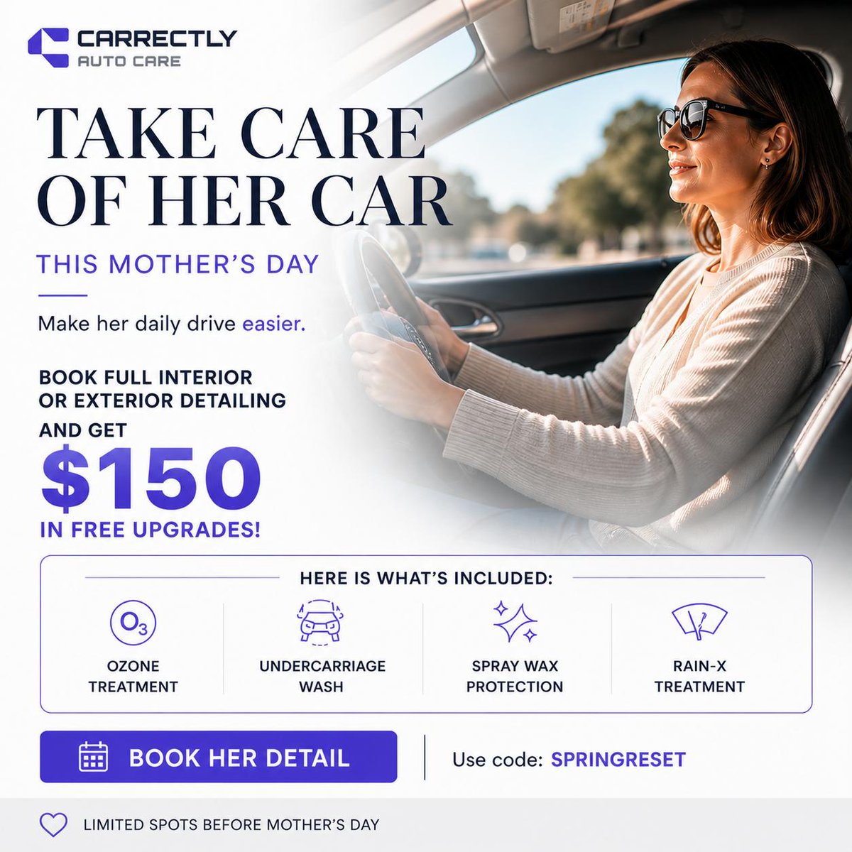 Carrectly's tweet photo. Take care of her car 💜

Get $150 in FREE upgrades with any full interior or exterior detail.

What this actually means for her:
✨ No more lingering smells
✨ No more winter grime underneath
✨ A clean, calm space she actually enjoys driving in

https://t.co/yl5bpjnmG7 https://t.co/rRVjE1jSry