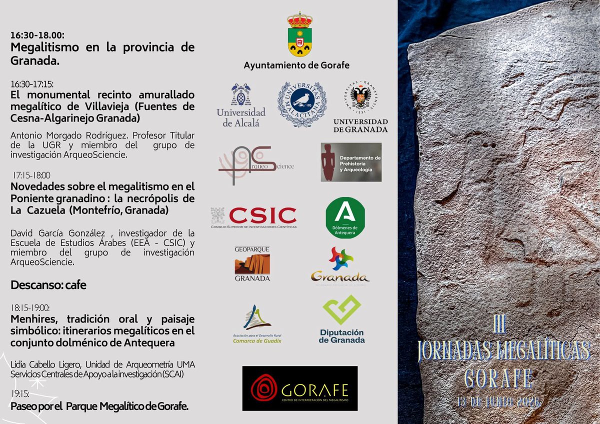 GranadaGeopark's tweet photo. III Jornadas Megalíticas de Gorafe
13 de junio de 2026
Casa de la Cultura de Gorafe

Una cita dedicada al conocimiento, la investigación y la divulgación de uno de los patrimonios arqueológicos más singulares del Geoparque https://t.co/7IetG09NN2