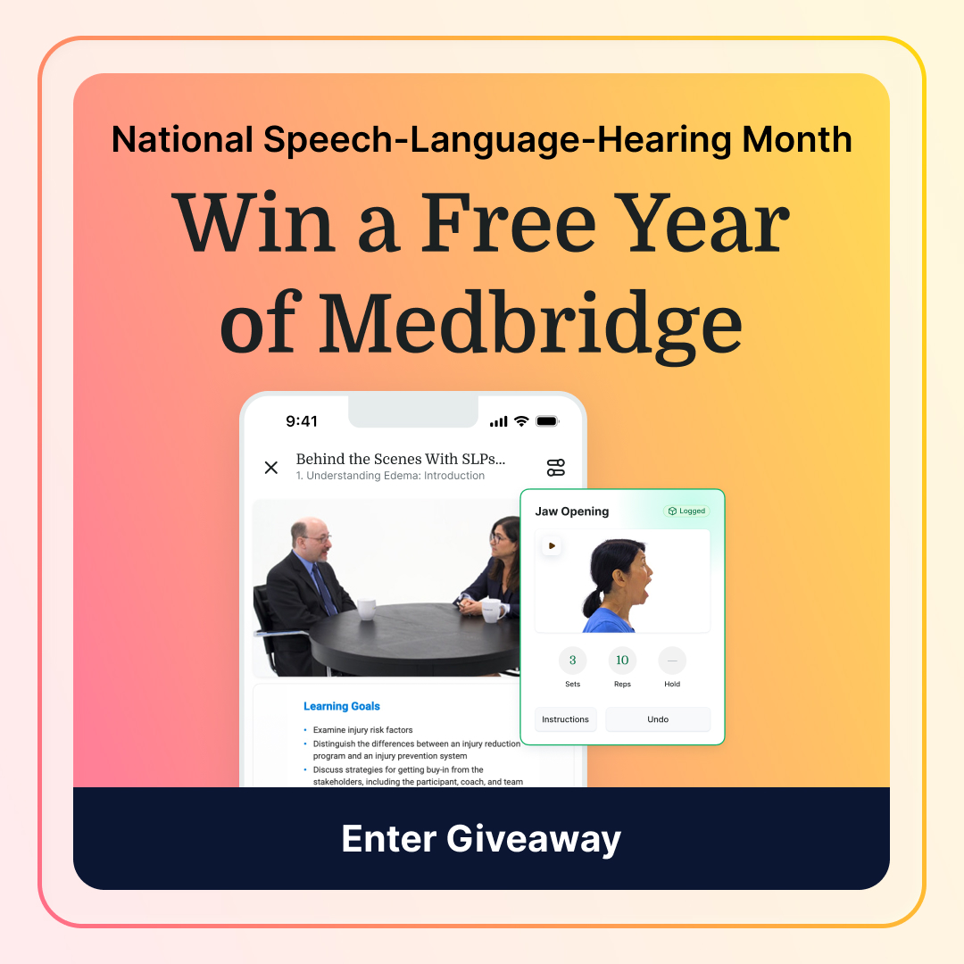 medbridge's tweet photo. It’s National Speech-Language-Hearing Month, and we’re celebrating SLPs with a giveaway! Enter for a chance to win a free year of Medbridge, including 1,100+ SLP CE courses, live webinars, custom exercises, and more. Don’t wait—enter by May 13! https://t.co/b7z8yFRntF https://t.co/KV61nvDKav