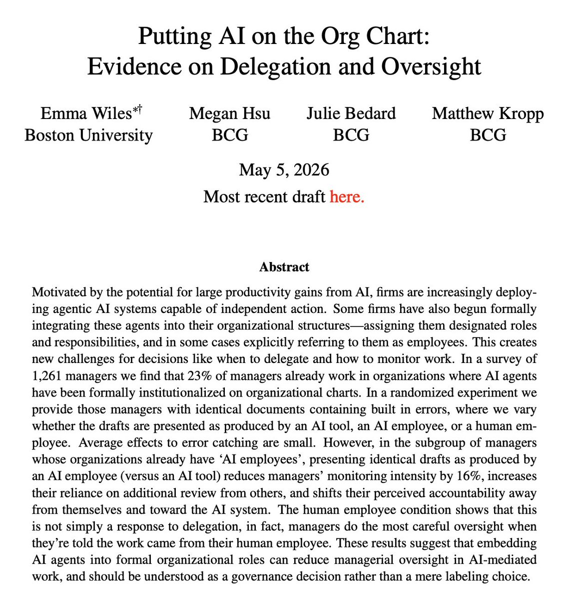 emmabwiles's tweet photo. For more, here's the WP tackling the Q: when AI systems are treated as organizational actors rather than tools, do managers oversee them like software, delegate to them like human subordinates, or treat them as something distinct? https://t.co/RAWOFfOwro https://t.co/uxO1VlBfUX