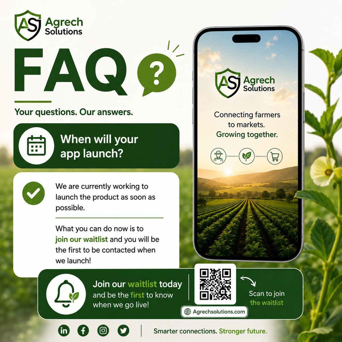 agrech_solution's tweet photo. When is the Agrech app launching?
Very soon! 🚀
Join our waitlist to be the first to know when we go live .
#AgrechSolutions #ComingSoon #AgriTech https://t.co/Q0WjjlLgBn