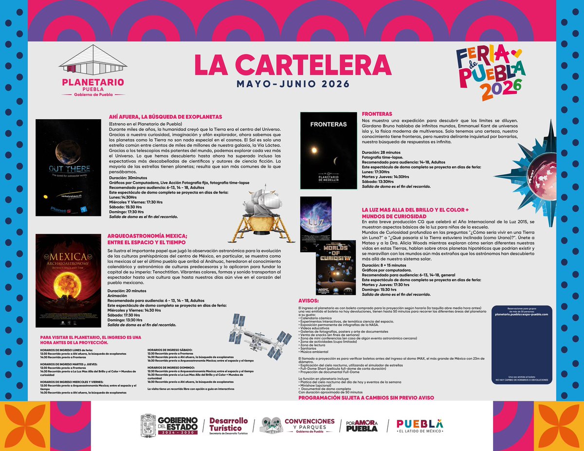 planetariopue's tweet photo. 🔭✨ El Planetario de Puebla abre sus puertas a nuevas experiencias del universo ✨🔭
Una invitación a descubrir, aprender y disfrutar cada una de sus funciones con contenidos especiales🌌
🎟️ Entrada general: $80 pesos
#PueblaElLatidoDeMéxico #PorAmorAPuebla #PensarEnGrande https://t.co/IKqGMpEbNp