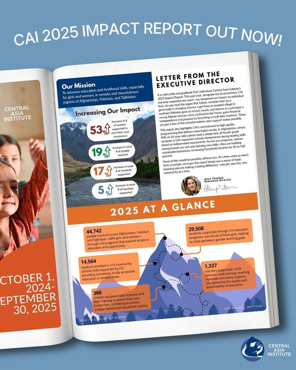 CentAsiaInst's tweet photo. CAI’s 2025 Impact Report is here!

Thanks to your support, thousands of lives were changed last year through stories of resilience, growth, and hope.

📬 Check your inbox or mailbox—your report is on the way!
📱 Read now: https://t.co/QGFK9CyeFz

#SeeYourImpactInAction https://t.co/SoXtaM90bn