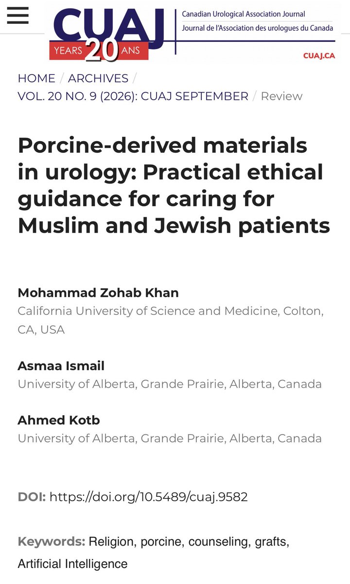 mzohabk's tweet photo. New pub out in @CuaJournal 

Porcine-derived materials are common in urology. Most patients don’t know. Most clinicians don’t bring it up.

For Muslim and Jewish patients, this gap matters.

Our review covers what’s used, what Islamic and Jewish law actually say, and how to have this conversation.