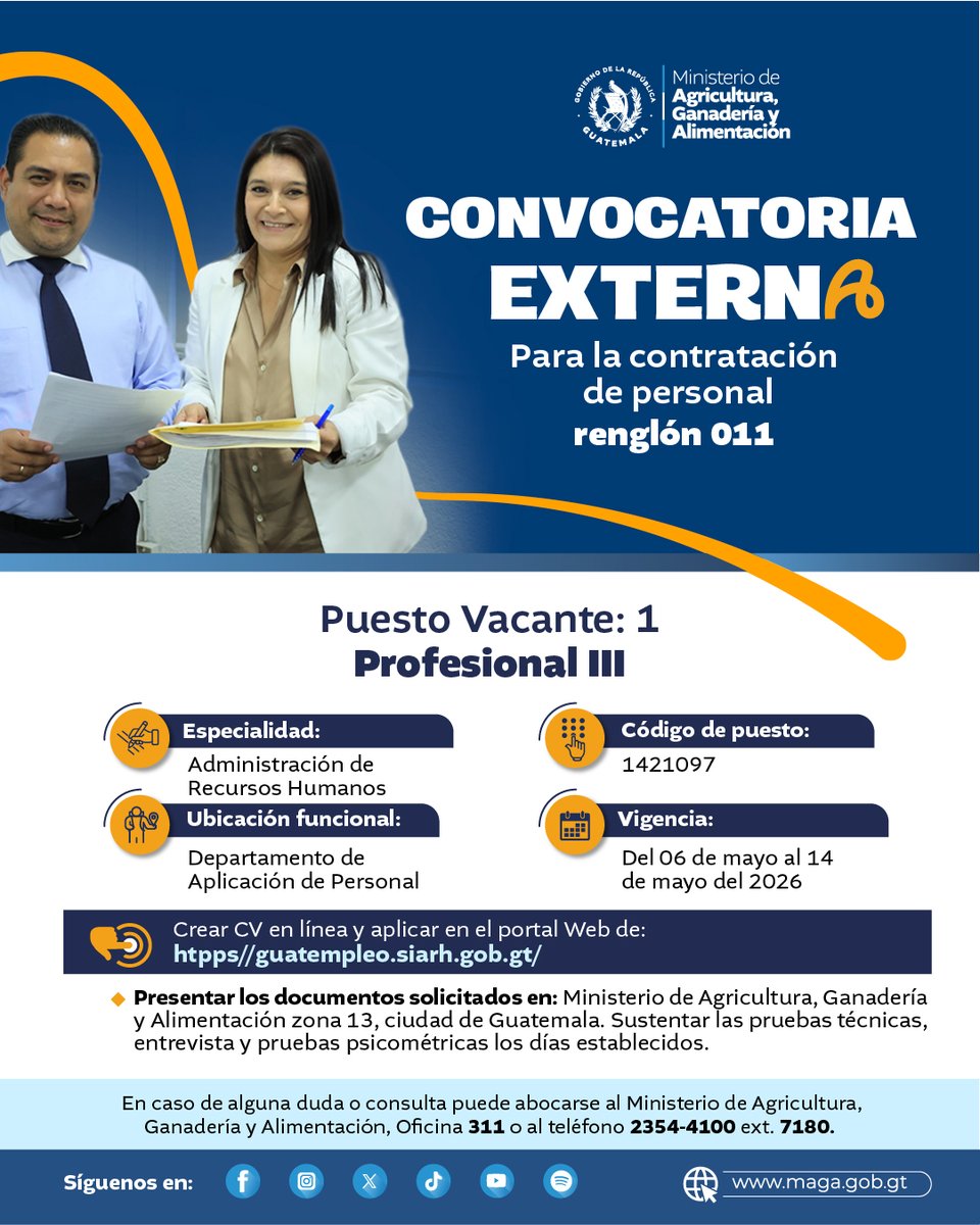 ¡Plazas vacantes! 📢 

#ConvocatoriaExterna para la contratación de personal. Ingrese en guatempleo.siarh.gob.gt para conocer los requisitos.

El proceso es gratuito. Cualquier cobro o anomalía puede denunciarlo al 1557, #PNC 110 o #MP 2411-9191 📂 ☎