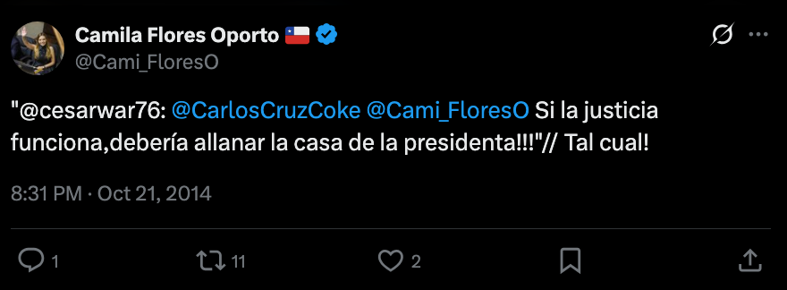 Octubre de 2014, Camila Flores dice que deben allanar la casa de la presidenta Bachelet.