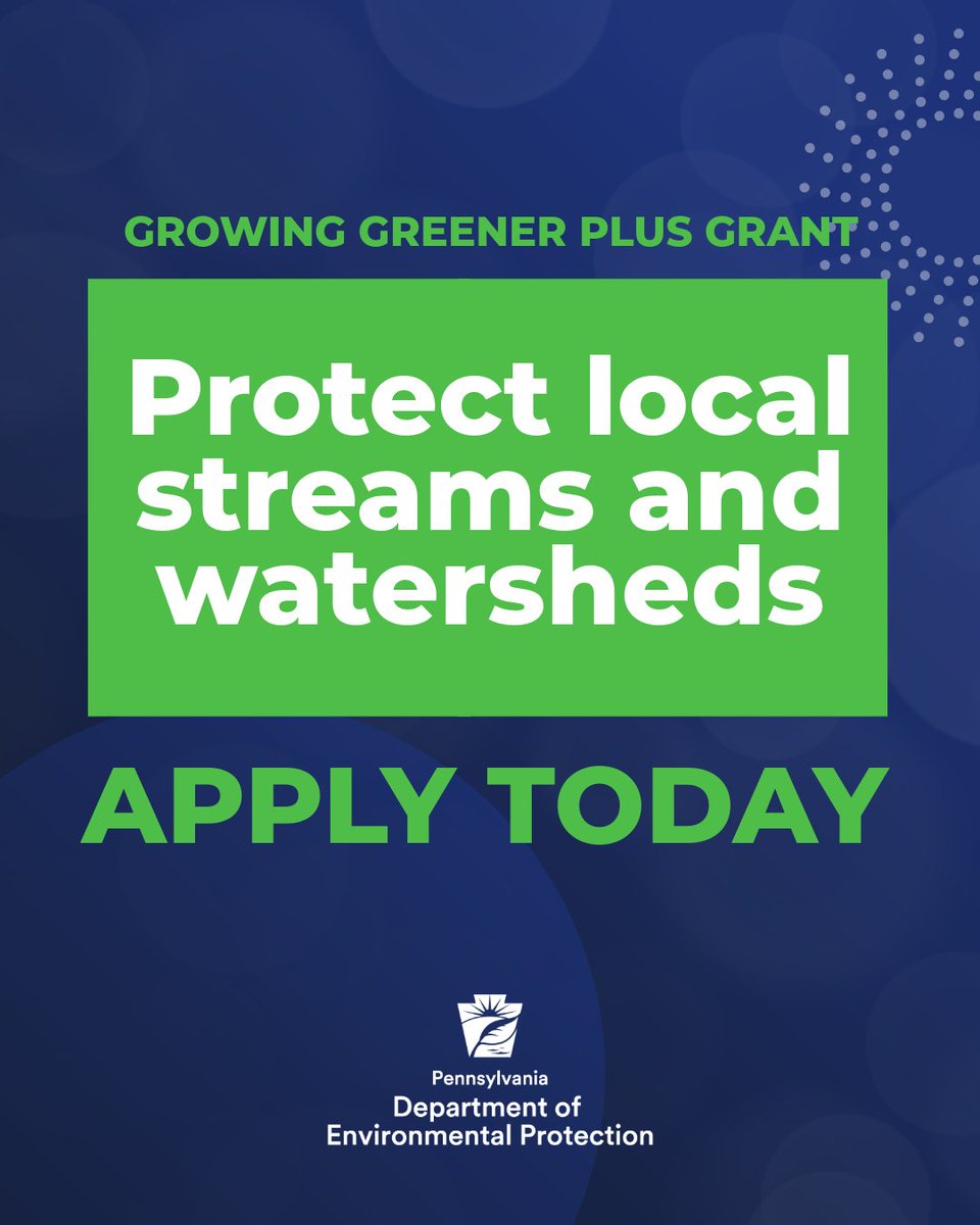 PennsylvaniaDEP's tweet photo. #ICYMI The Growing Greener Plus Grant is open! This grant program helps communities fix flooding problems and protect local streams and watersheds.

If your group, school, nonprofit, or local government has a project that helps the environment, this is a great chance to get support!

Learn more and apply here  👉 https://t.co/uAT22GNvAp

Applications are due June 22 at 4 PM so now is a good time to start planning!