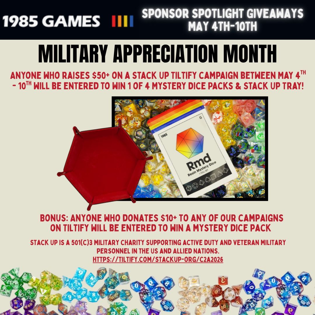 StackUpDotOrg's tweet photo. We're nearly halfway through the week and our current Spotlight Giveaway featuring Mystery Dice Packs from 1985 Games! 

Have you raised $50+ through a Stack Up Tiltify page this week yet? We look forward to seeing the winners. 

Not signed up to fundraise? We have other fundraising giveaways planned! Sign up:
https://t.co/pnbWdtRtJP