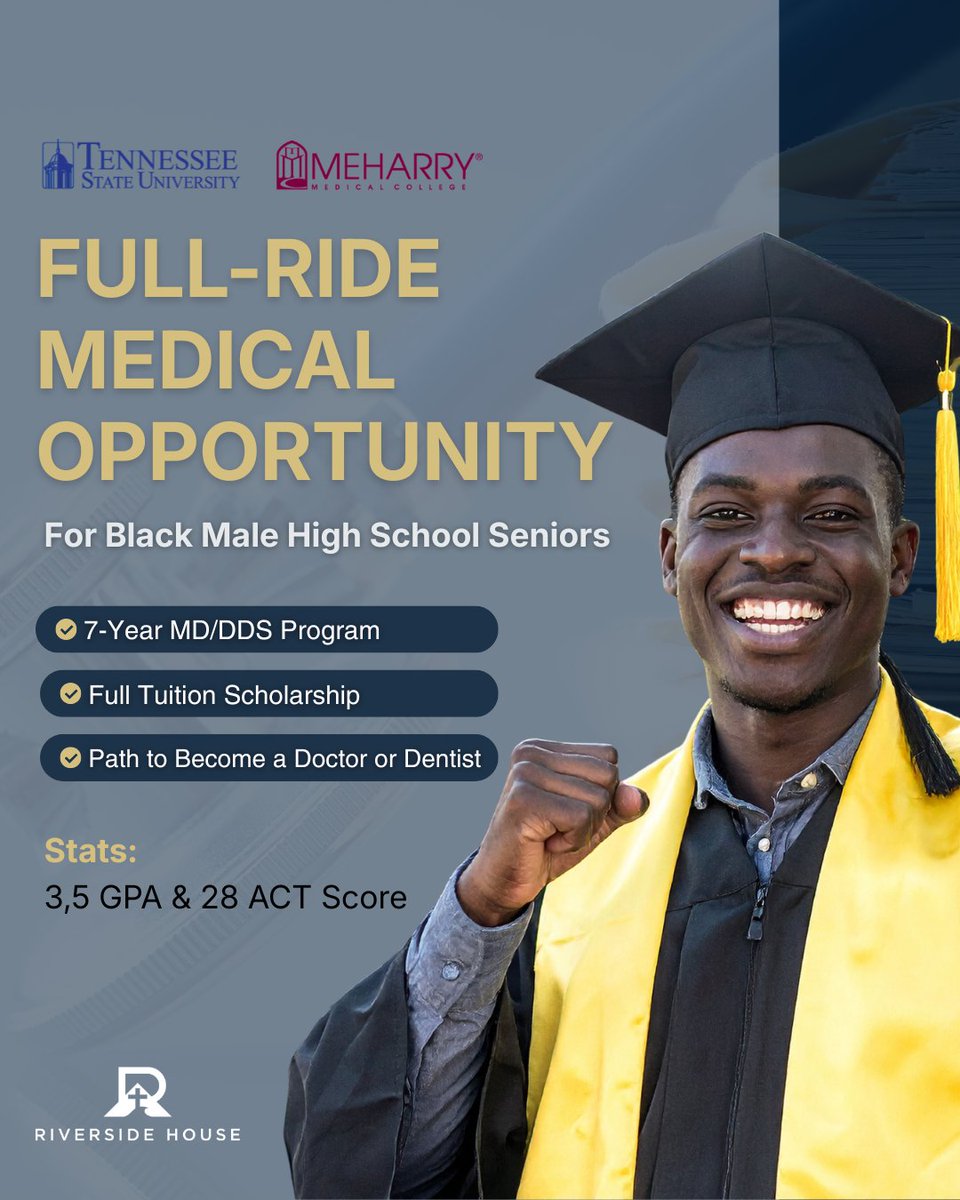 Riverside_House's tweet photo. Proud to support this opportunity for young Black men pursuing medicine &amp; dentistry. A 7-year MD/DDS program (TSU + Meharry) offering a full-ride + direct path to a degree.

Know a student who could benefit? Share this.

📩 gussie.fuller@gmail.com https://t.co/TEqe7k8CTZ
