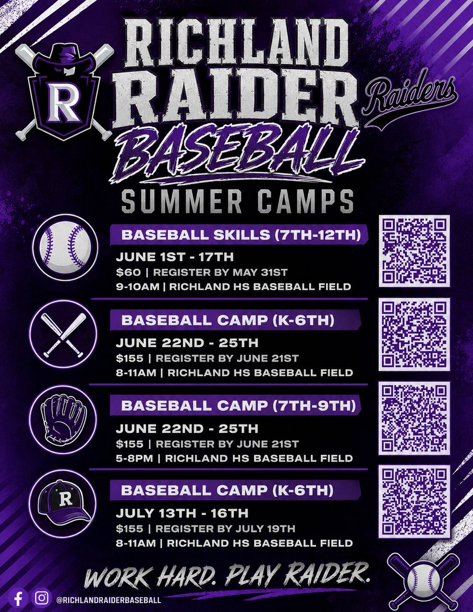 RHSBaseball25's tweet photo. Make sure to sign up for your Richland Raider Baseball Camps this summer! We would love to see you out at the ball field!Spots are filling up fast 🔥⚾️ https://t.co/YrGt4FmfjP