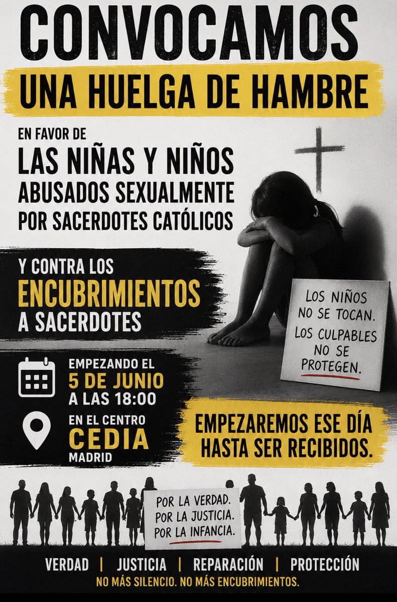 🔥 HUELGA DE HAMBRE

Por las niñas y niños abusados.
Contra los encubrimientos.

📍 Madrid – CEDIA
🗓 5 de junio | 18:00

Empezamos ese día hasta ser recibidos.

Esto es por la infancia.

<a href="/rtve/">RTVE</a> <a href="/La_SER/">Cadena SER</a> <a href="/AragonNoticias_/">Aragón Noticias</a> 
<a href="/DiocesisHuesca/">Diócesis de Huesca</a> <a href="/Pontifex/">Pope Leo XIV</a> 

#NoMásSilencio