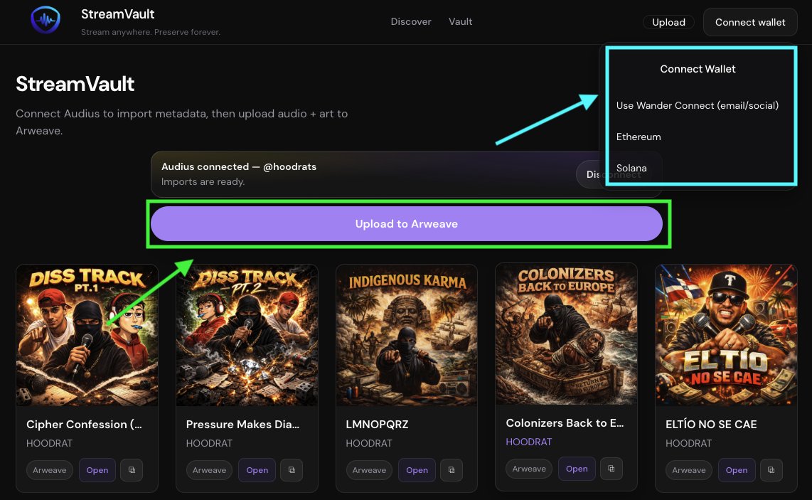 StreamVaultweb3's tweet photo. The easiest way to upload your #IndieMusic to #Arweave, import from #Audius or upload a file and publish in minutes.

- Audio + cover art stay linked
- Clear staged upload progress + tx links
- Faster playback while gateways propagate

Try it 👉https://t.co/mWPVte5dES https://t.co/CH7LnoW36v