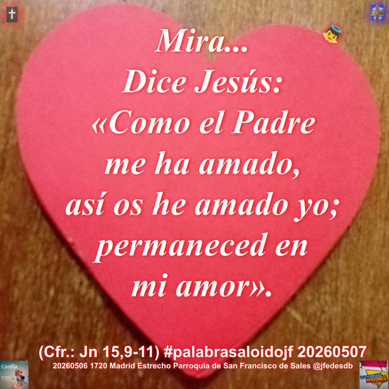 JFedeSDB's tweet photo. .
#palabrasaloidojf Jn 15,9-11 EN aquel tiempo, dijo Jesús a sus discípulos:
«Como el Padre me ha amado, así os he amado yo; permaneced en mi amor.
...
Os he hablado de esto para que mi alegría esté en vosotros, y vuestra alegría llegue a plenitud».
=== https://t.co/93jlFcATQv