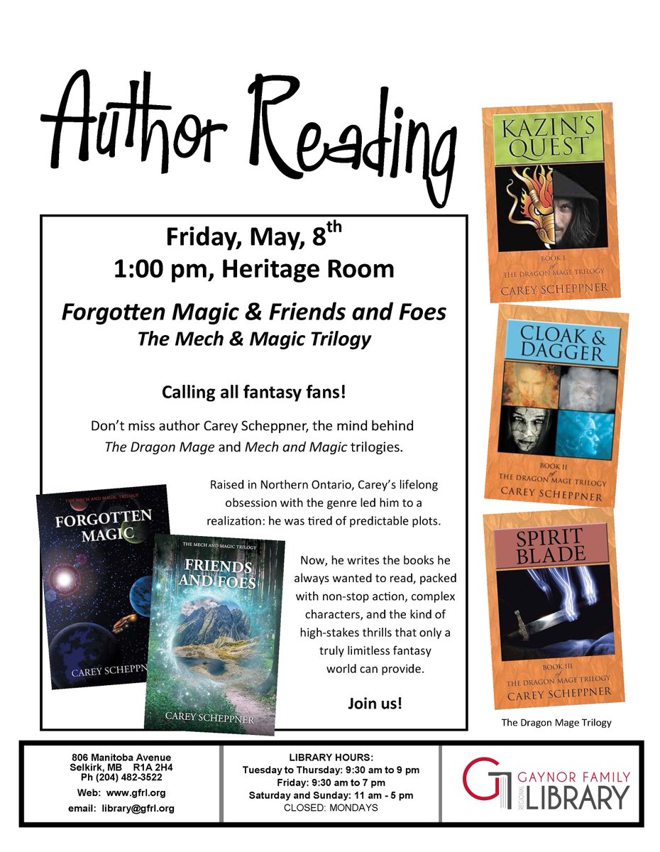 GFRL_MB's tweet photo. Don't forget - this Friday, May 8th at 1pm in the Heritage room. Visit with author Carey Scheppner! https://t.co/zt1wHavQmQ