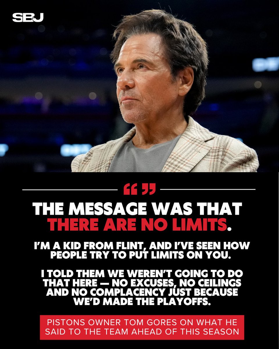 SBJ's tweet photo. The message Pistons owner Tom Gores delivered to the team entering this season was clear: no limits.

It worked. Nearly 15 years after buying the Pistons, Gores has his first playoff series win as owner and a sold‑out Game 7 behind it.

MORE: https://t.co/lhcV28bO3c https://t.co/50PPjvxp6P