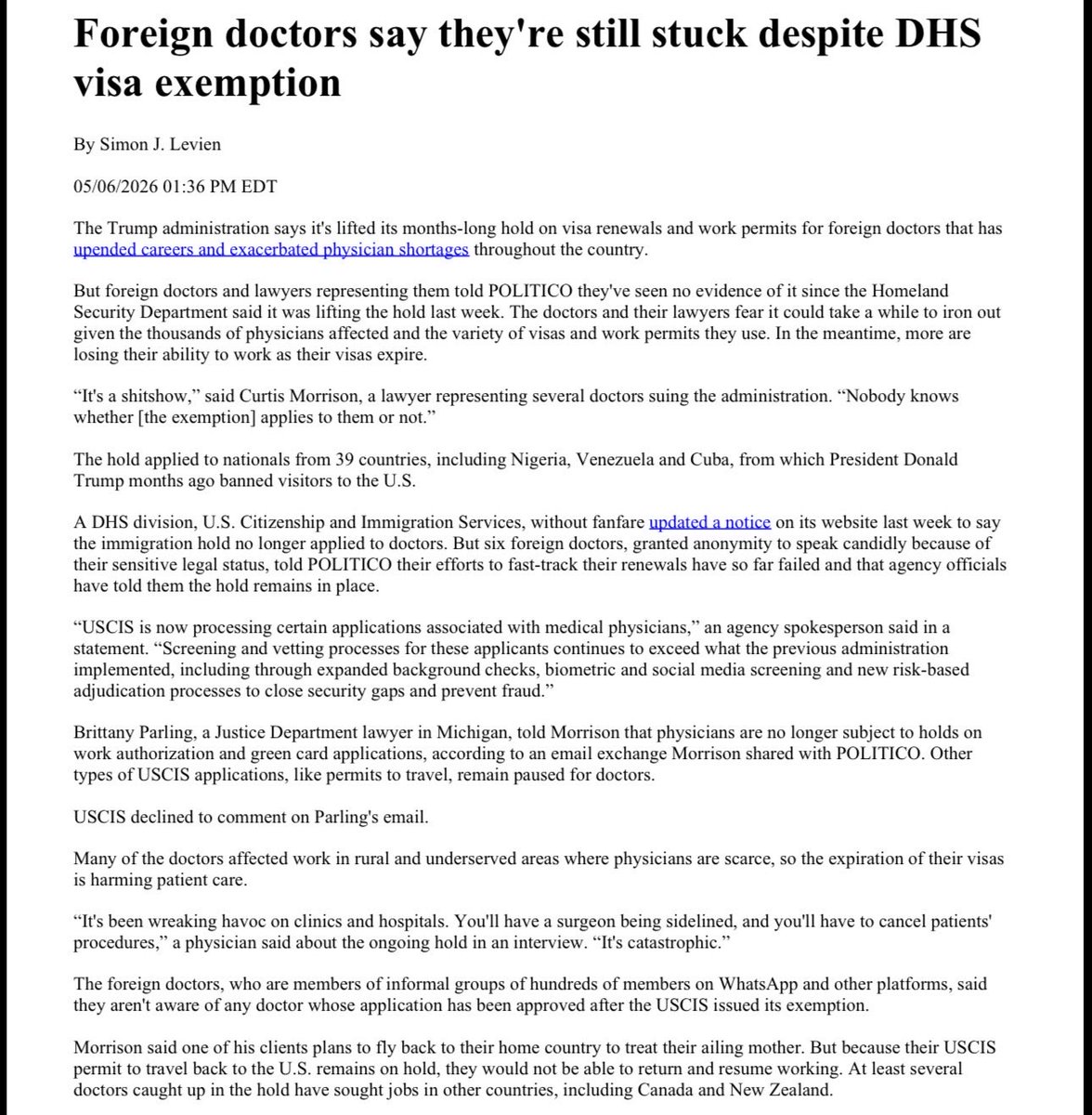 MD_pause's tweet photo. Politico: Foreign doctors say they're still stuck despite DHS visa exemption
#LiftTheHold #USCISPause #PhysiciansOnPause #HealthcareWorkforce #PatientCare #PhysicianShortage #IMGs #HospitalStaffing #HealthcarePolicy #July1Transition https://t.co/JKJKl6gNot