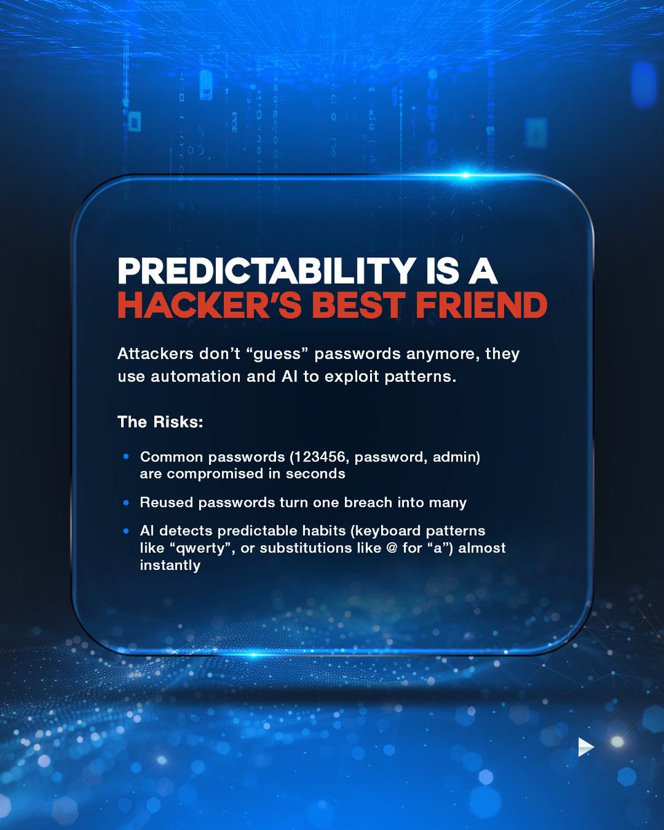 QuickStartIntel's tweet photo. World Password Day 2026

Attackers now use AI and automation to exploit weak passwords faster than ever.

✔ Use longer passphrases
✔ Don’t reuse passwords
✔ Enable MFA

Small changes can make a big difference in protecting your data.

#WorldPasswordDay #OnlineSecurity https://t.co/yk6gG6tpi6
