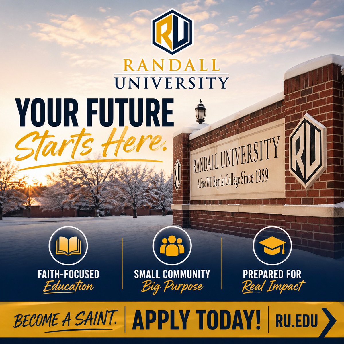 RUSaints's tweet photo. More than a classroom. More than a campus. ✨

Randall University is a place to grow in your faith, build meaningful relationships, and prepare for what’s next.

Your next chapter starts here 🟦🟨

#RandallUniversity #BecomeASaint #SaintsTogether #CollegeLife #FaithBasedEducation https://t.co/kqnuza0du5
