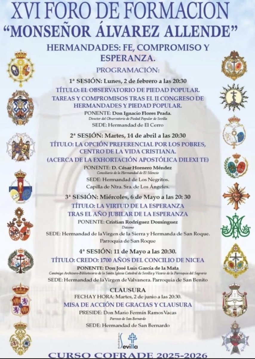 PSanRoqueSev's tweet photo. FORMACIÓN | 3ª sesión del @AllendeForo
📆6 de mayo 🕣20:30
🗣️D. Cristian Rodríguez Domínguez @criisrodo, seminarista diácono del @SeminarioSev
"La virtud de la esperanza tras el año jubilar de la esperanza".
⛪@PSanRoqueSev
ℹ️Organiza: @Hdad_SanRoque @virgenSierraSev https://t.co/5SGhgZNZHv