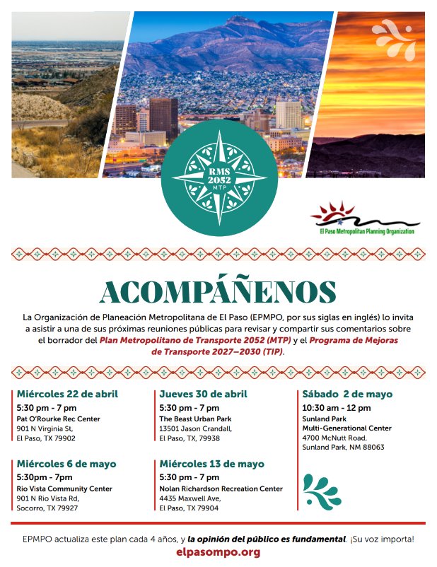 elpmpo's tweet photo. ¡Queremos tu opinión! 🗣️Revisa el borrador del Plan de Transporte 2052 con la Organización de Planificación Metropolitana de El Paso: 6 mayo | 5:30–7 PM | Rio Vista Community Center 13 mayo | Nolan Richardson Rec Center https://t.co/awbeT3ms4F