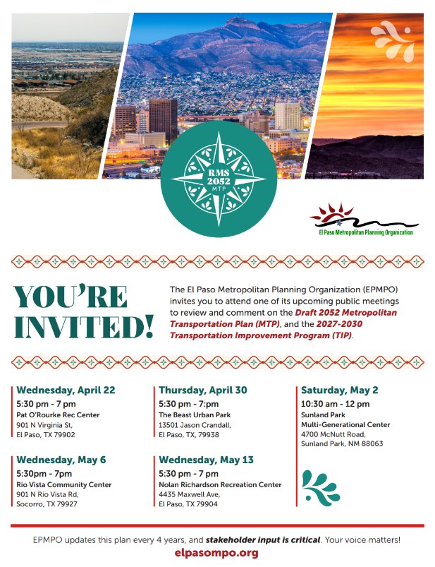 elpmpo's tweet photo. We want to hear from you!  Join the El Paso Metropolitan Planning Organization on May 6 (5:30–7 PM) at Rio Vista Community Center to review the Draft 2052 Metropolitan Transportation Plan &amp; share your ideas.  Can’t make it? Join us May 13 at Nolan Richardson Rec Center! https://t.co/ju1XEowd6L