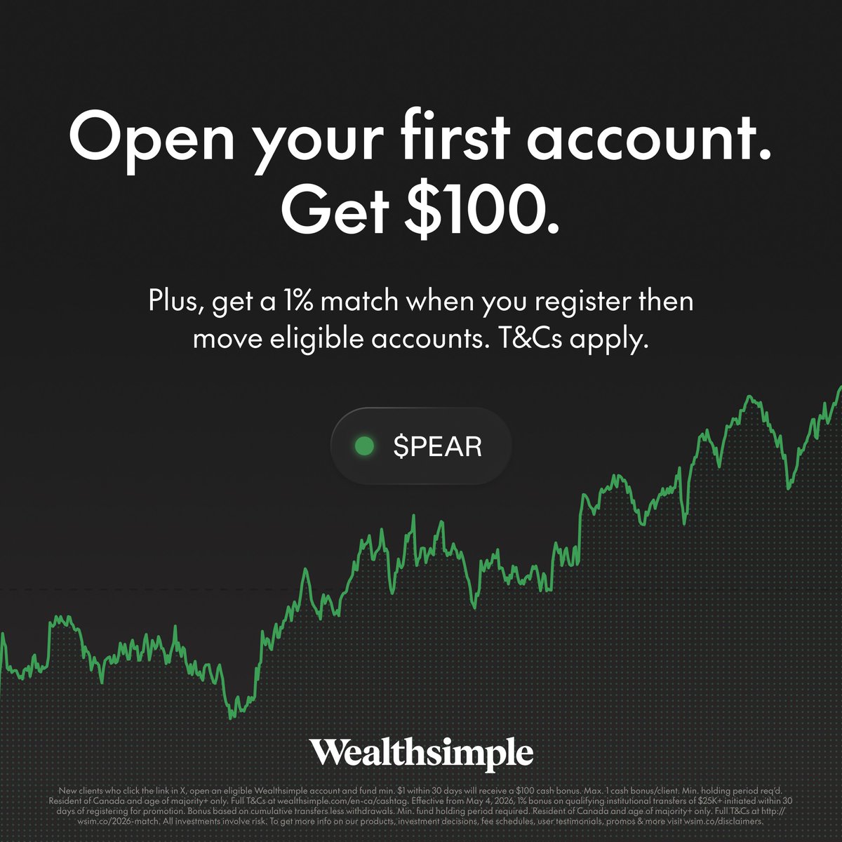 Wealthsimple's tweet photo. Get a $100 bonus when you fund your first account. Get access to advanced charting, options strategies, and $0 contracts.