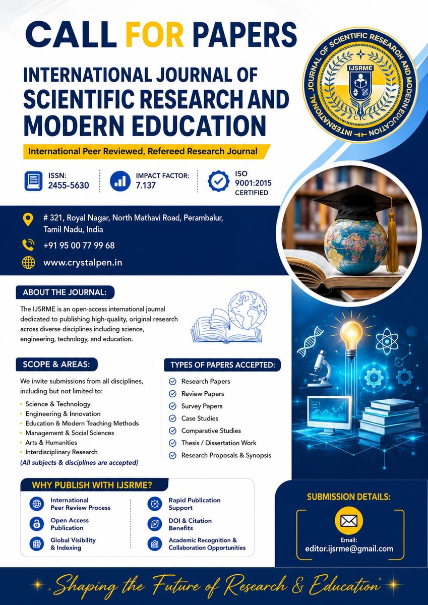 Celestin_Prof's tweet photo. 📢 CALL FOR PAPERS

Submit your original research to our international peer-reviewed journals.

✔ Open Access
✔ DOI &amp; ISSN
✔ Fast Review
✔ Global Visibility
📩 editor@crystalpen.in
📞 +919500779968
🌐 https://t.co/FjcrIJDR29
 #AcademicPublishing #OpenAccess #Journal https://t.co/FPHSjyZ0Lt