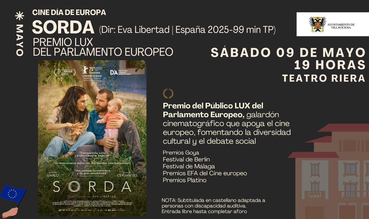 comarcajoven's tweet photo. Vamos a celebrar el #DíadeEuropa con el mejor cine @TeatroRiera 
Sábado 09 de mayo 19h 🆓
SORDA #PremioLUX 🇪🇺
🧏‍♂️🧏🏻‍♀️ Proyección subtitulada adaptada a personas con discapacidad auditiva 
@PuntoEuropeoES 
@ED_Asturias 
@Eurodesk 
@InjuveSpain 
@Mocedastur 
🙌🏼🙌🏼🙌🏼🙌🏼🙌🏼🙌🏼 https://t.co/pj10e3j4Bx