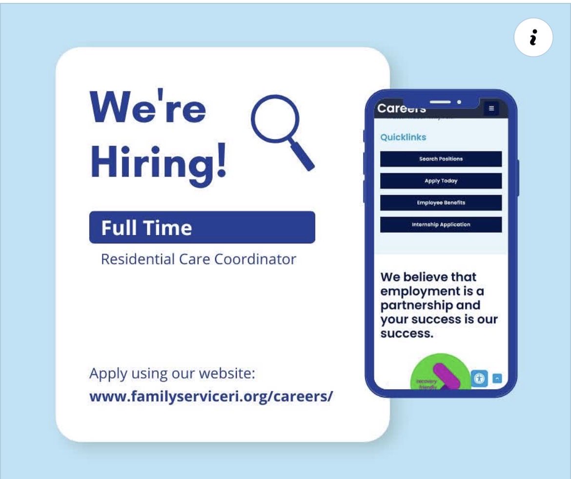 ChildAdvocateRI's tweet photo. @FamilyServiceRI is hiring! 📢

From their Facebook page: 
Every young person deserves someone in their corner.

As a Care Coordinator at Family Service of Rhode Island, you’ll be that person—building connections, coordinating care, and advocating for young adults as they navigate complex systems and services. From collaborating with DCYF and schools to ensuring access to healthcare and community supports, your work will help shape brighter futures.

Ready to make an impact every day?

👉 Join our team and apply now. https://t.co/i1uCIjvmk8
