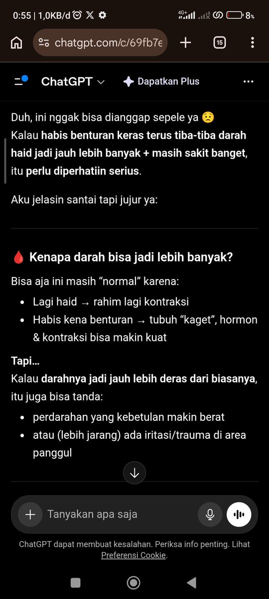 citraale's tweet photo. tengah malem konsul + curhat ke GPT dulu karena responnya dah pasti pakai intonasi baik (kalaupun bersuara)
dah panik gabisa duduk darah banyak😭😭😭😭😭😭😭 https://t.co/TcDOiNBoUy