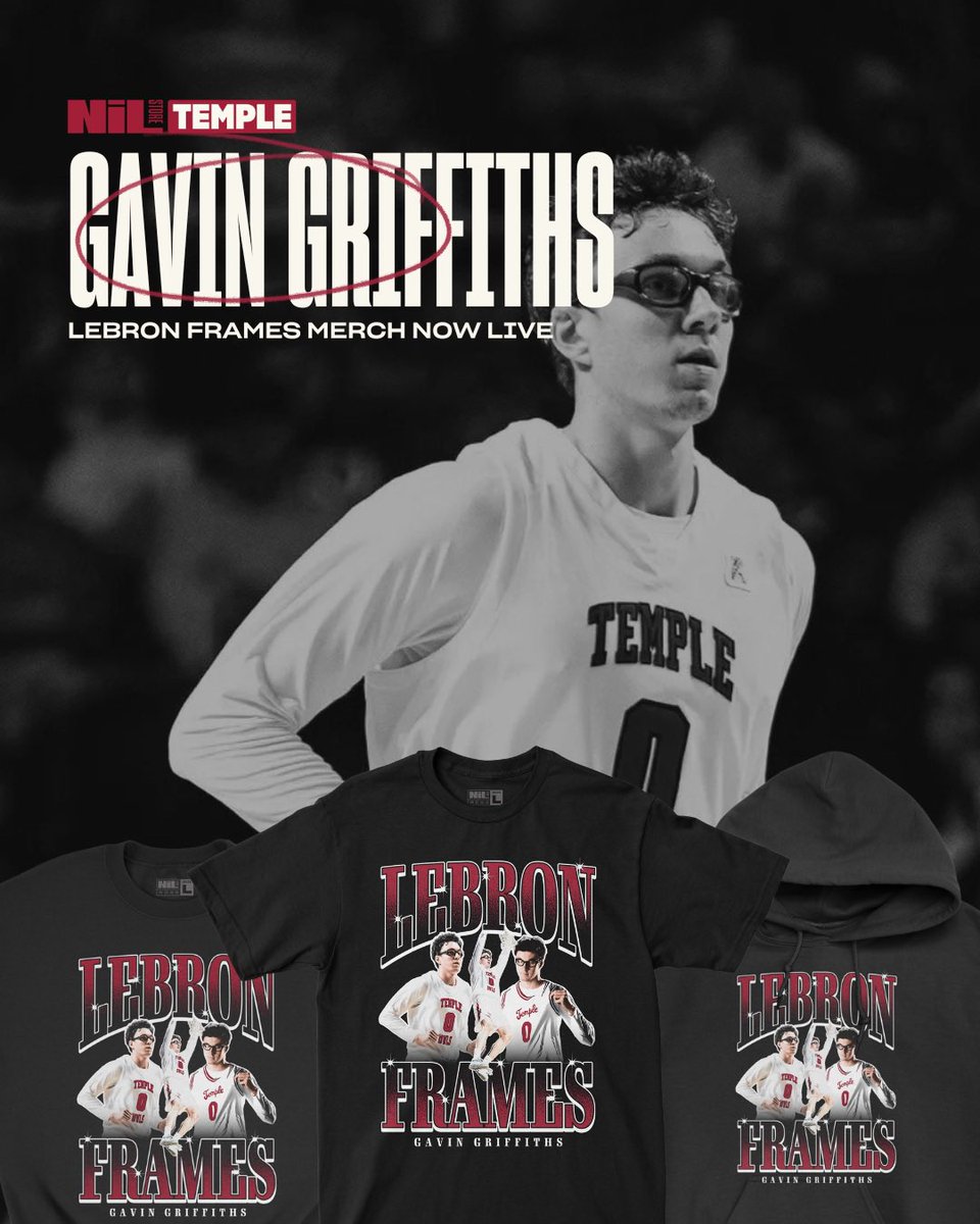TempleNILStore's tweet photo. Gavin Griffiths is back for another season on Broad Street!

Gear up for next season by shopping his exclusive LeBron Frames merch at the Temple NIL Store! All purchases directly support Gavin!

https://t.co/Sh2BUGvdqi https://t.co/1dNTNQSyVv