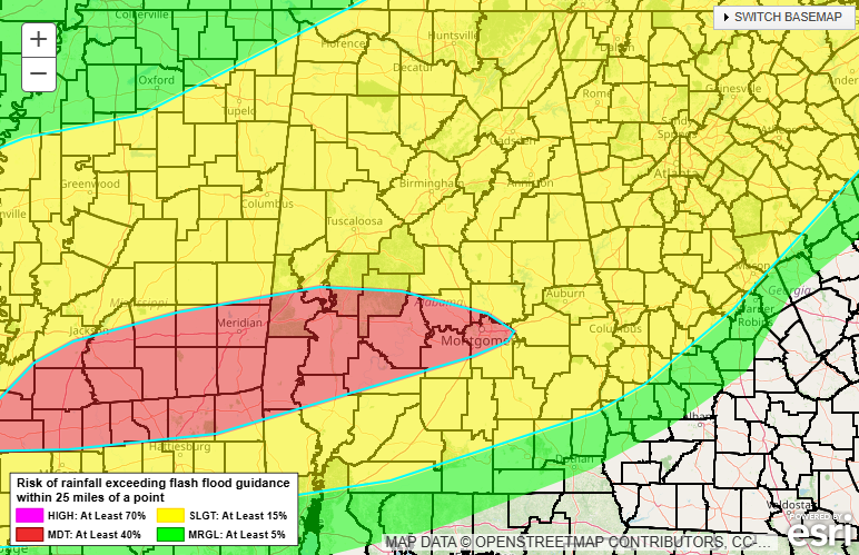 NWSBirmingham's tweet photo. Severe weather may be the initial threat, but it could transition into more of a flooding threat as we move into the evening. Here is the probability that rainfall will exceed flash flood guidance. https://t.co/HjdQQWK1vq
