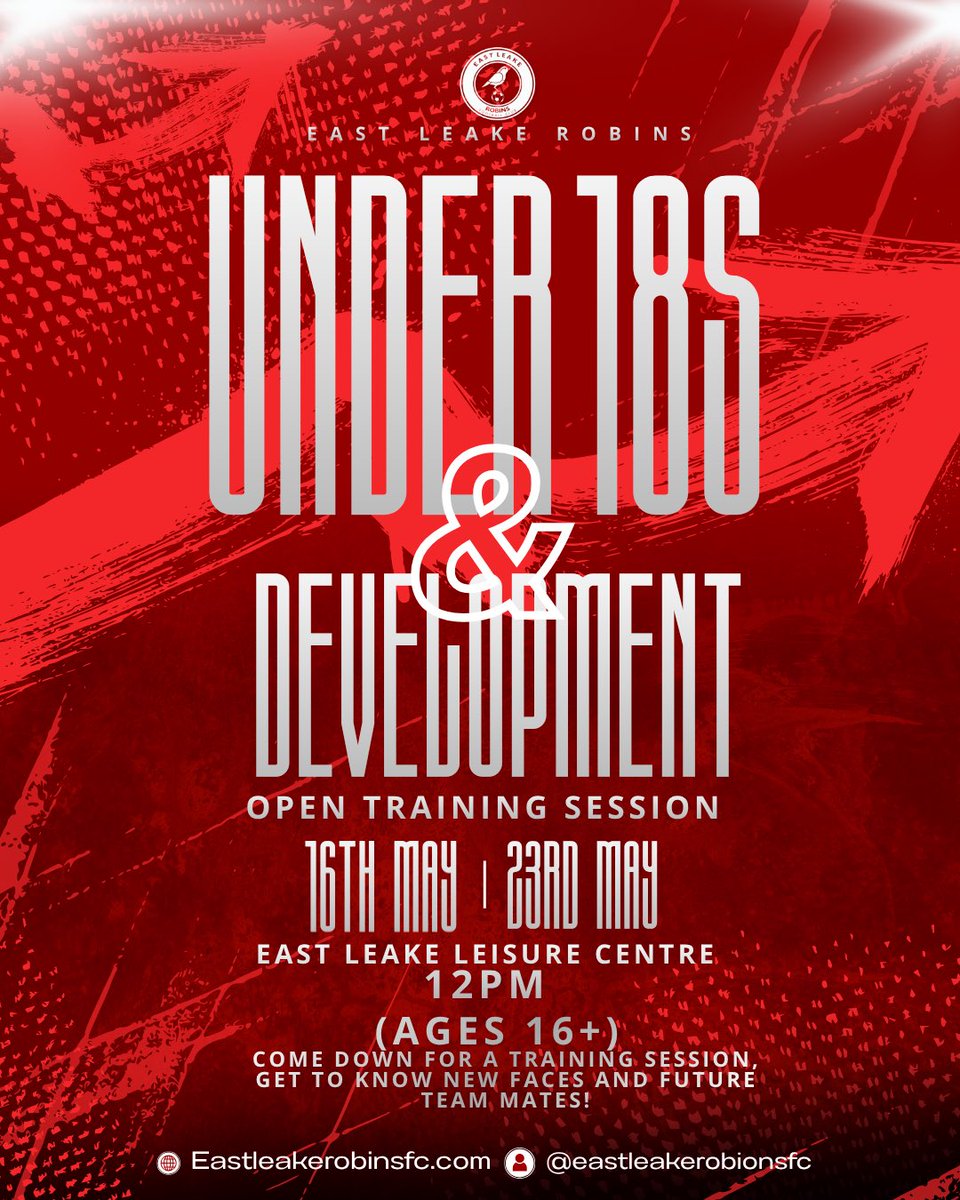 EastLeakeRobins's tweet photo. Join us for our U18s &amp; Development Open Training Sessions — meet the squad, sharpen your skills, and show us what you’ve got.

📅 16th May &amp; 23rd May
🕛 12PM
📍 East Leake Leisure Centre
👥 Ages 16+

#EastLeakeRobins #FootballTrials #OpenTraining #GrassrootsFootball #NextGen https://t.co/DRTRWwoqqe
