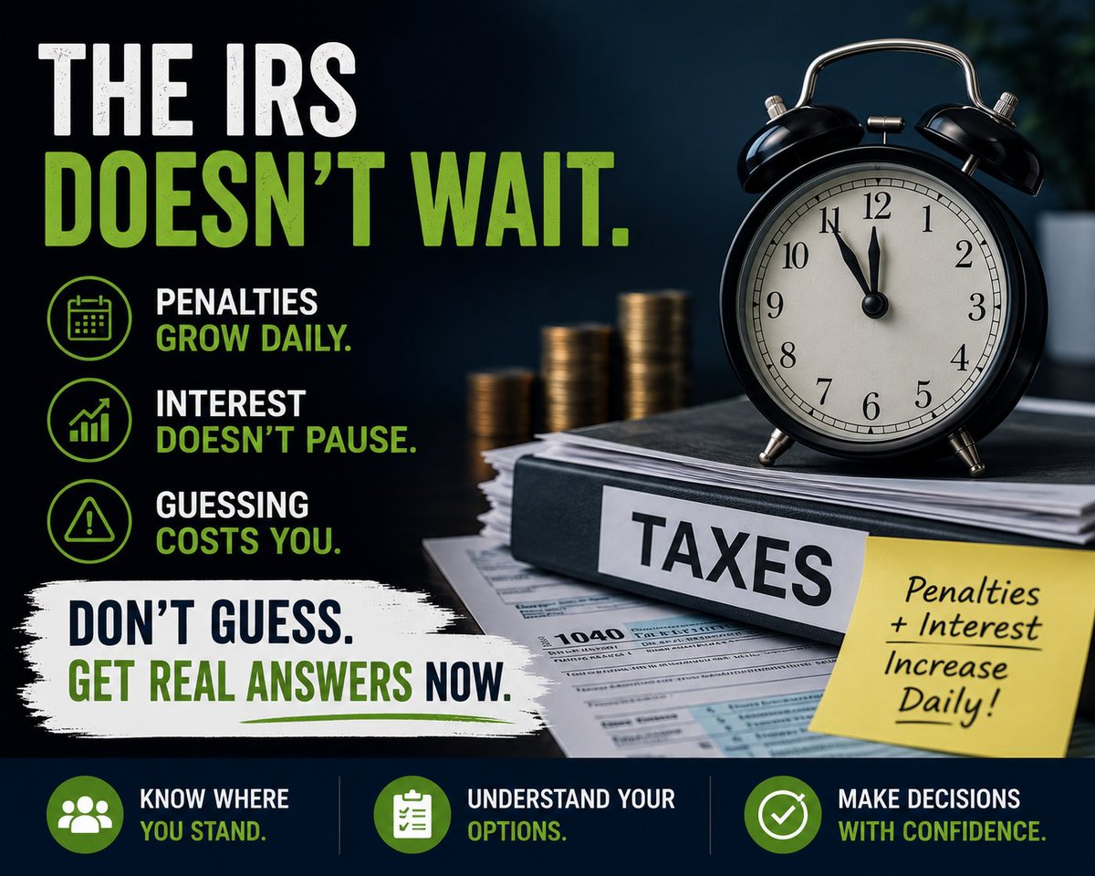 PracticalTaxNow's tweet photo. *NEWS FLASH* - The IRS doesn’t wait.
Penalties grow daily. Interest doesn’t pause.
And guessing? That’s where people get burned.
Most people try to “figure it out” on their own…
or wait until something forces them to act.

Call #practicaltaxsolutions
#fypシ゚viral #taxes https://t.co/7QjUBKmZTp