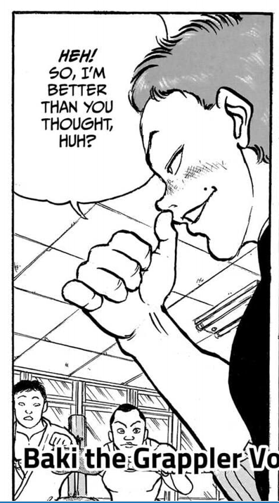 softwhiteball's tweet photo. ここの刃牙の台詞、「思ったよりやるねーってかい」だったと思うが、これは「刃牙が思ってたより空手家がやった（でも俺が勝った）」という余裕を現す台詞では？ 英語版だと意味が逆になってる。 https://t.co/xeXcAQ4YF8