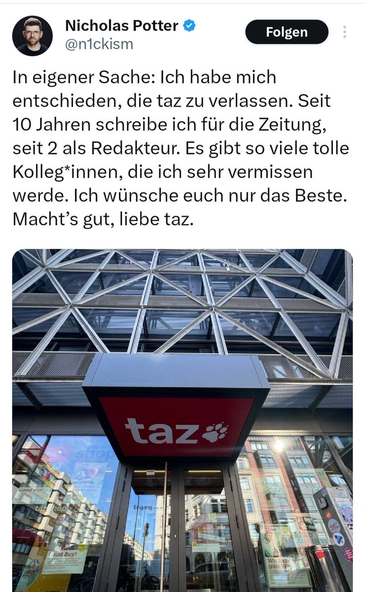 Für die Taz eine gute Nachricht. Was meint ihr - geht Potter direkt zu #NIUS oder macht er einen Umweg über die Ruhrbarone oder Springer?