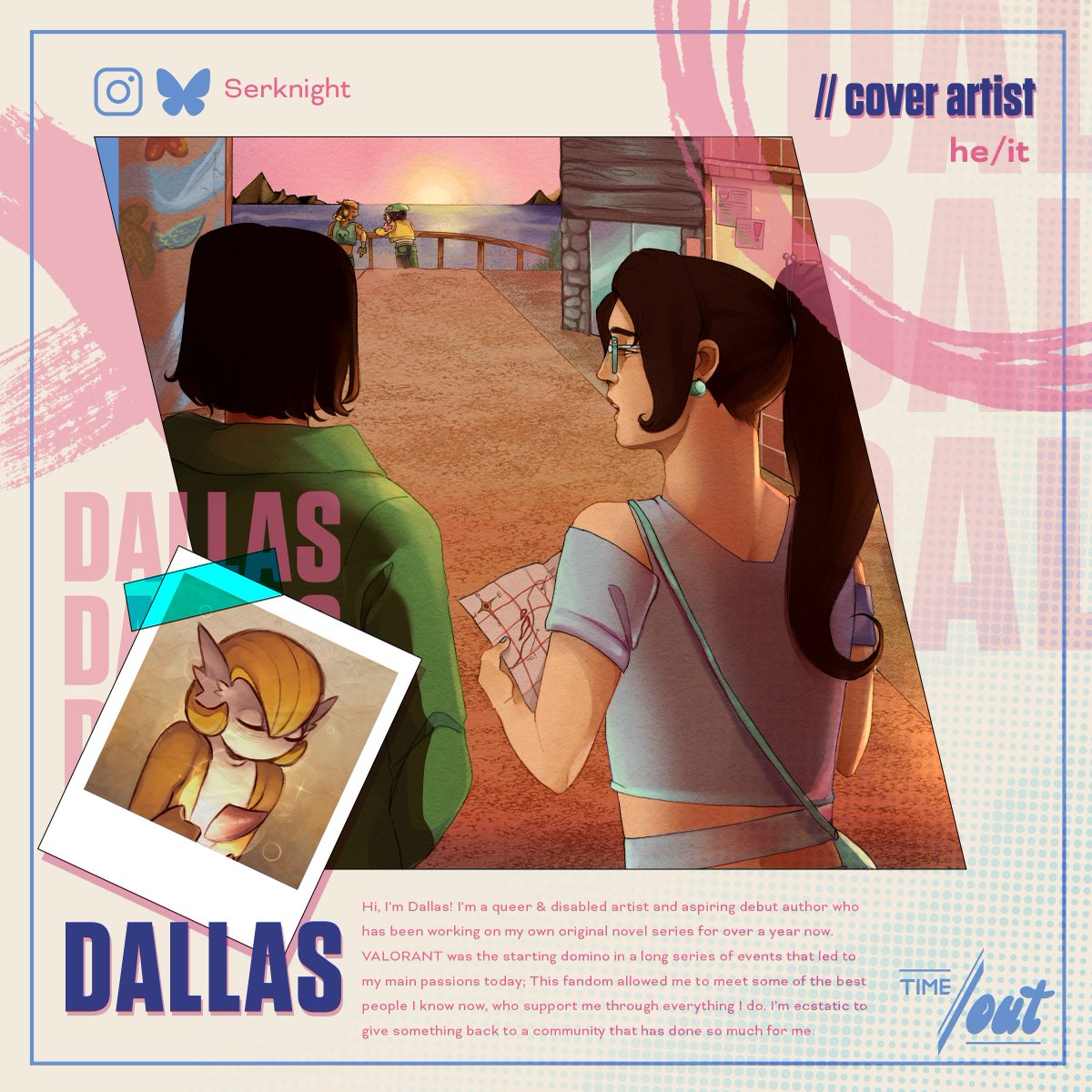 The agents love to sight see between missions, that's gotta be one of the advantages of always traveling to save the world, right? 🧳🌇
Our back cover to our zine done by the wonderful bsky.app/profile/serkni… !
______________________________ 
 #valorant #valorantart #zine
