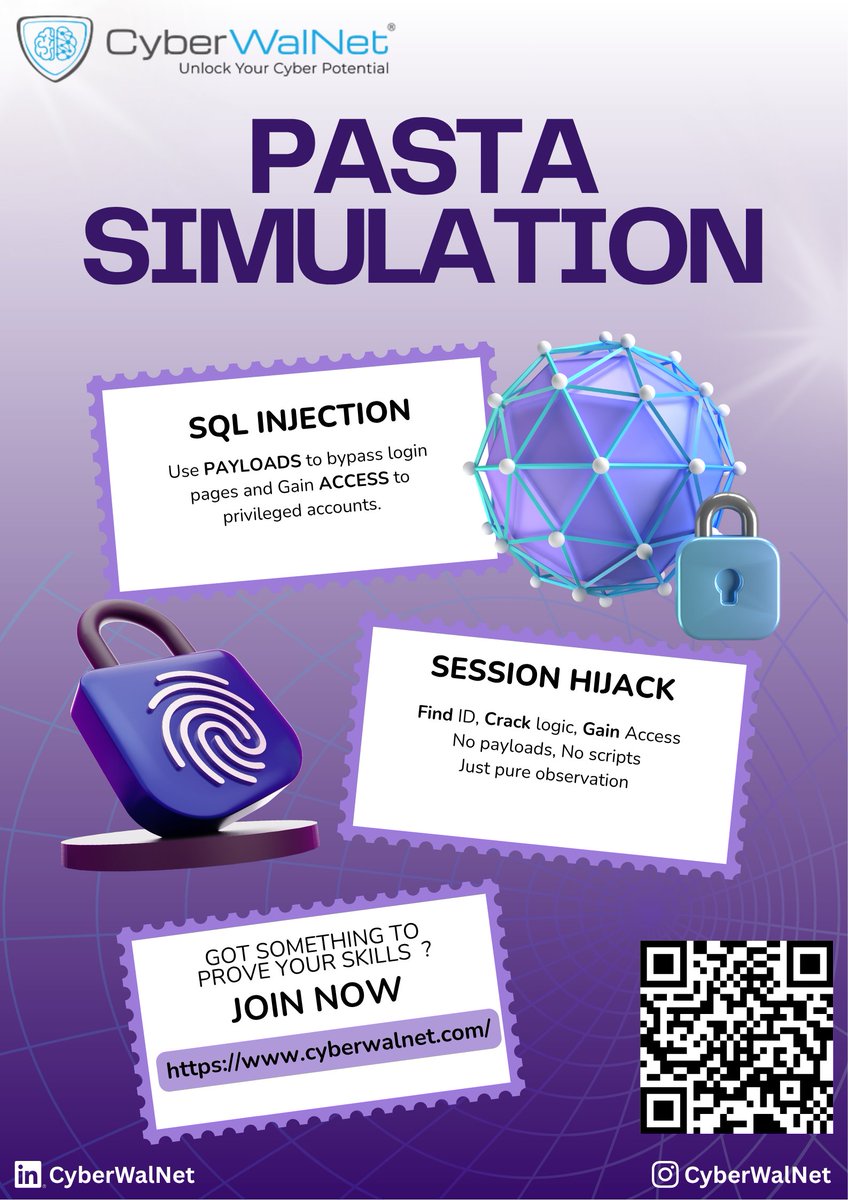 CyberWalNet's tweet photo. Cybersecurity is learned by doing, not just reading.
Try CyberWalNet’s PASTA Simulation and test your skills with hands-on challenges:

SQL Injection
Session Hijack

Built for students, professionals, and cyber aspirants.
https://t.co/68qFJ8atX8

#CyberSecurity #EthicalHacking https://t.co/JZKegTW5us