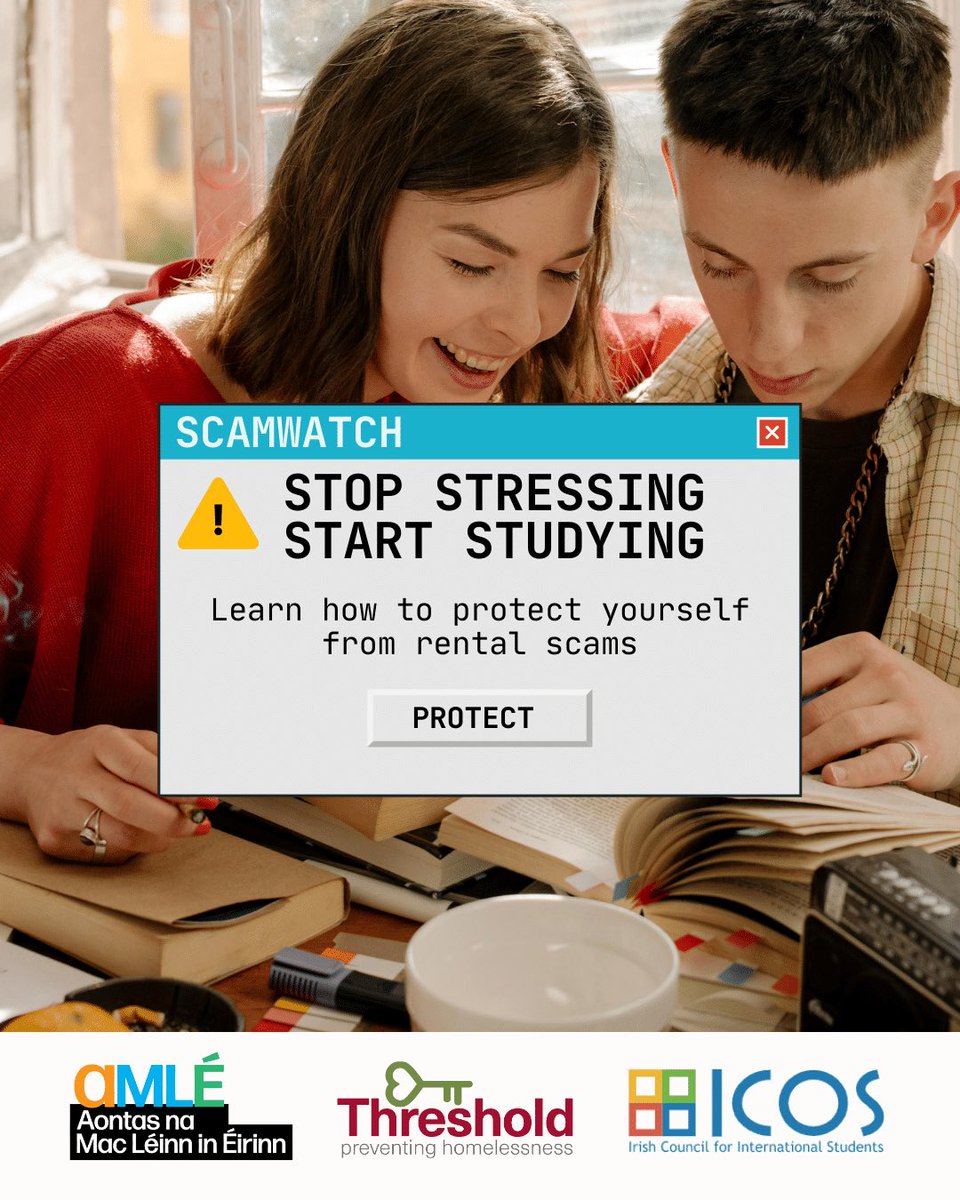 IBATDublin's tweet photo. IBAT Dublin supports Scamwatch, a campaign by AMLÉ, ICOS &amp; Threshold helping students avoid online rental scams.

Know the red flags. Verify listings. Protect your next move 🏠

#IBATDublin #Scamwatch #StudyInIreland #StudentHousing #RentalScams https://t.co/IBOcq7g30x