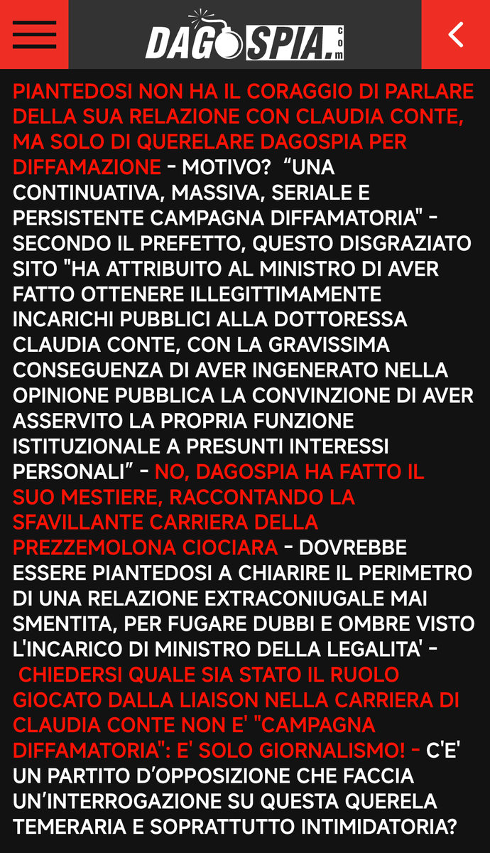Il ministro dell’Interno Matteo Piandedosi contro Dagospia. L’avvocato Roberto De Vita, su mandato del titolare del Viminale, ha presentato una denuncia-querela nei confronti di Roberto D’Agostino.
m.dagospia.com/politica/piant…