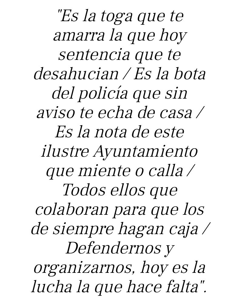 Analicemos esto:

- Un Ayuntamiento de EH Bildu desahucia a dos familias

- El Sindicato Socialista de Vivienda canta una jota denunciándolo

- EH Bildu aplica la Ley Mordaza y les casca 1.800€ por CANTAR

Es una vergüenza lo de EH Bildu.

Aquí la letra por la que han denunciado