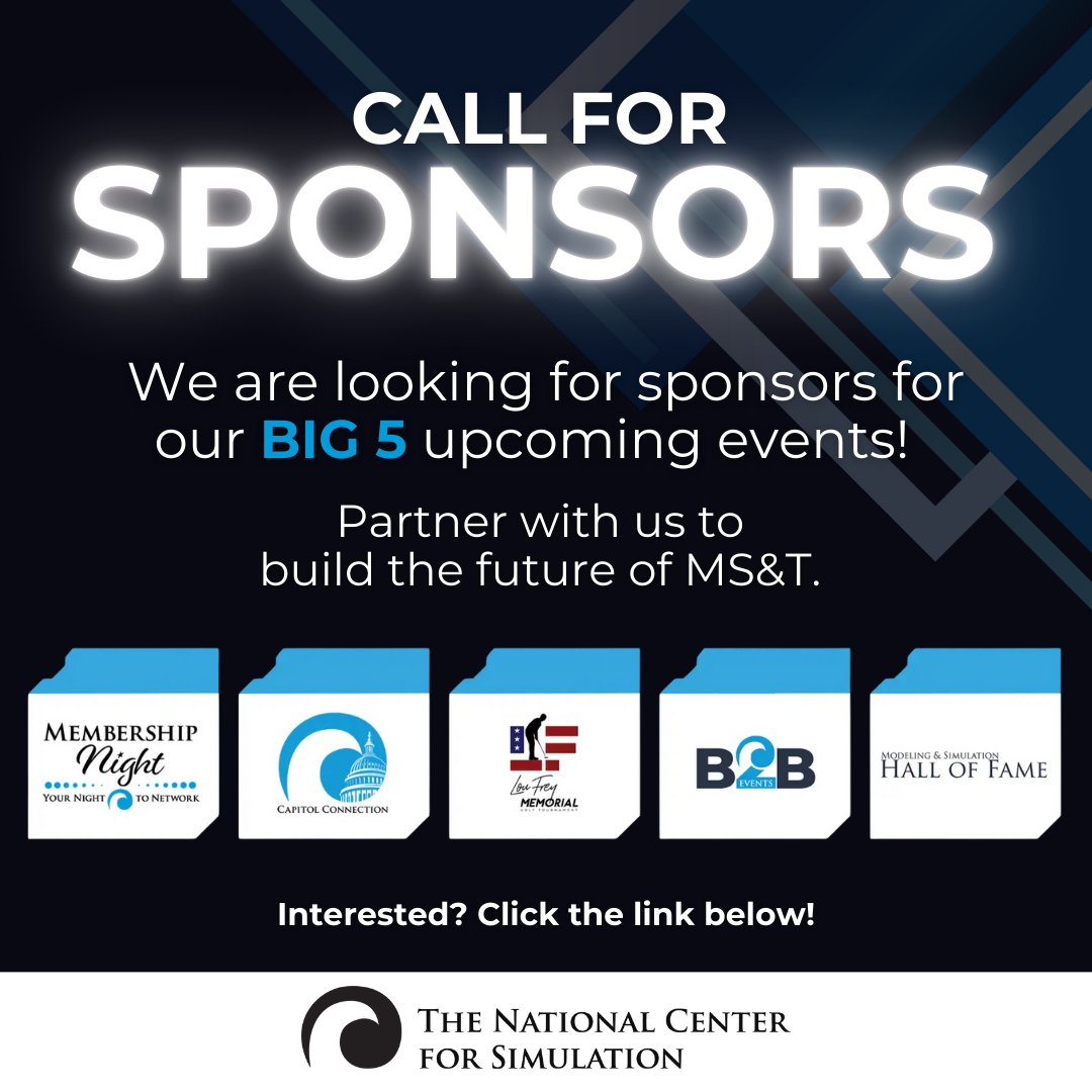 ncsinformation's tweet photo. The National Center for Simulation is looking for sponsors for our upcoming BIG 5 events.  

Your sponsorship helps to promote, protect and grow the MS&amp;T ecosystem.

https://t.co/EcCyD9P1x6

#CallForSponsors #SponsorshipOpportunity #NCS #NationalCenterforSimulation https://t.co/D7k1Yp6pPP