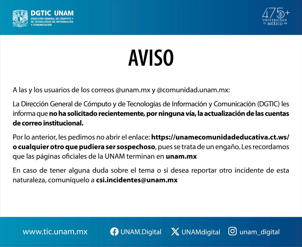 FEconomiaUNAMof's tweet photo. La @UNAMdigital informa
#SeguridadDigital #ComunidadFE #UNAM https://t.co/u5yIINm8Ku