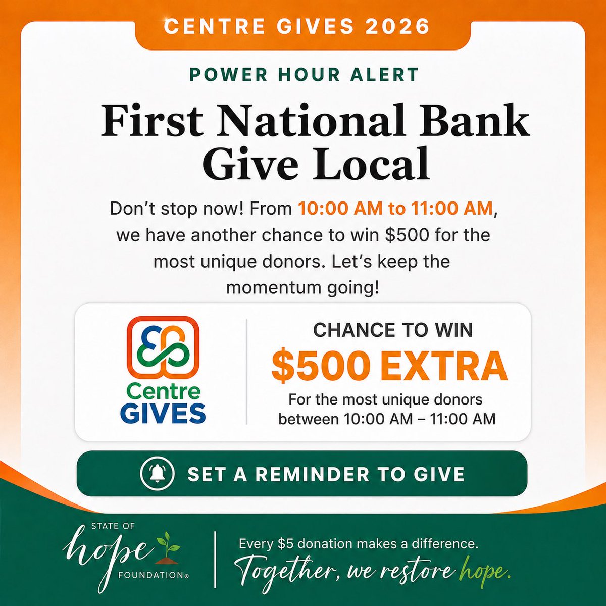SOH_Foundation's tweet photo. 🚨 Another Power Hour is here! 🚨

From 10:00 AM to 11:00 AM TODAY, The State of Hope Foundation has another chance to win an extra $500 through the First National Bank Give Local Power Hour.
#CentreGives2026 #StateOfHopeFoundation #GiveLocal #FirstNationalBank #CentreCounty https://t.co/5XrlzDifOt
