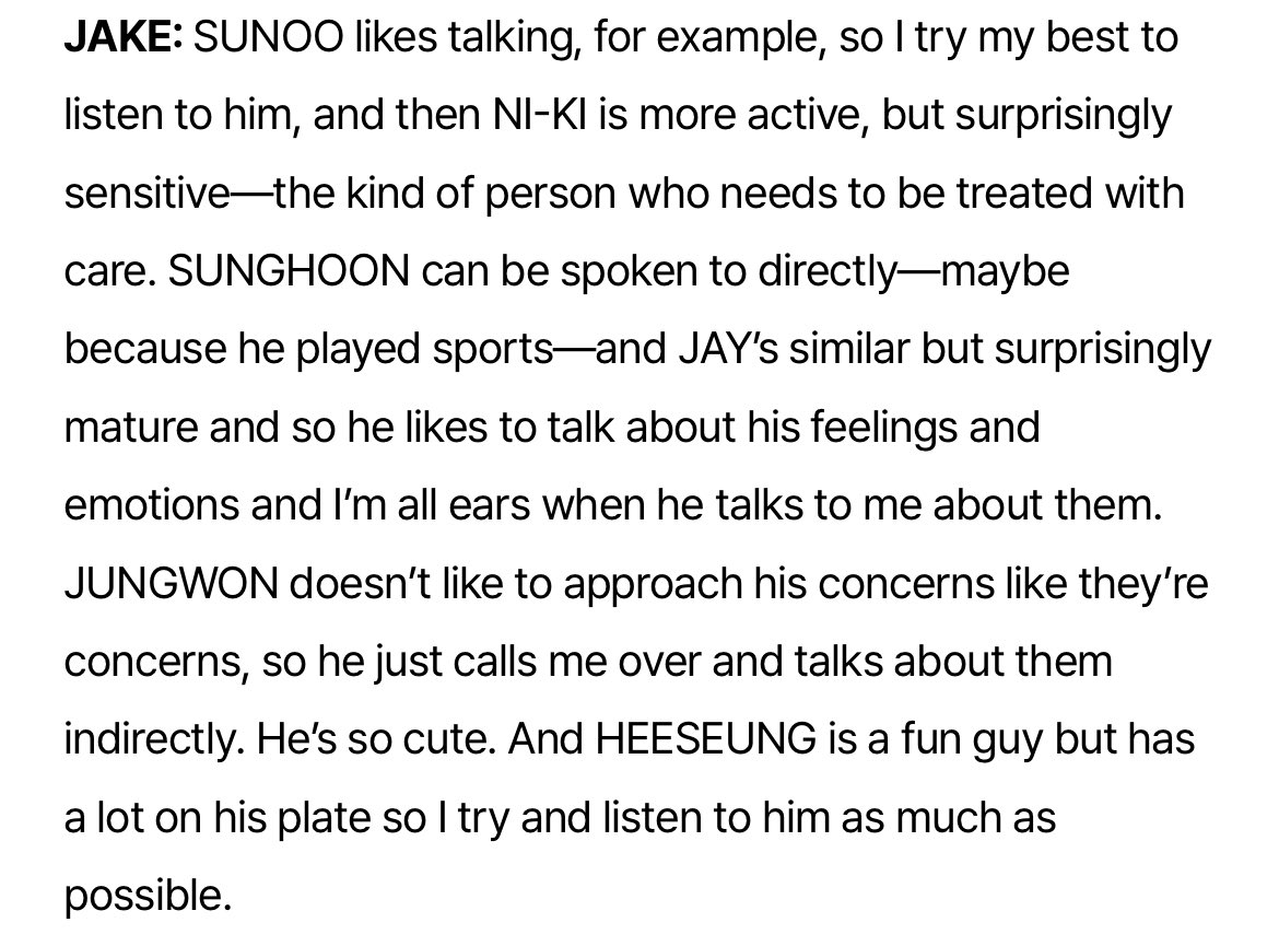 "I am like a chair because I support someone who needs to rest solid"

you can tell this core value never left, he just grew into them and it shows in how he cares for each member now. this kind of consistency takes real emotional intelligence, not just kindness. oh jake sim!
