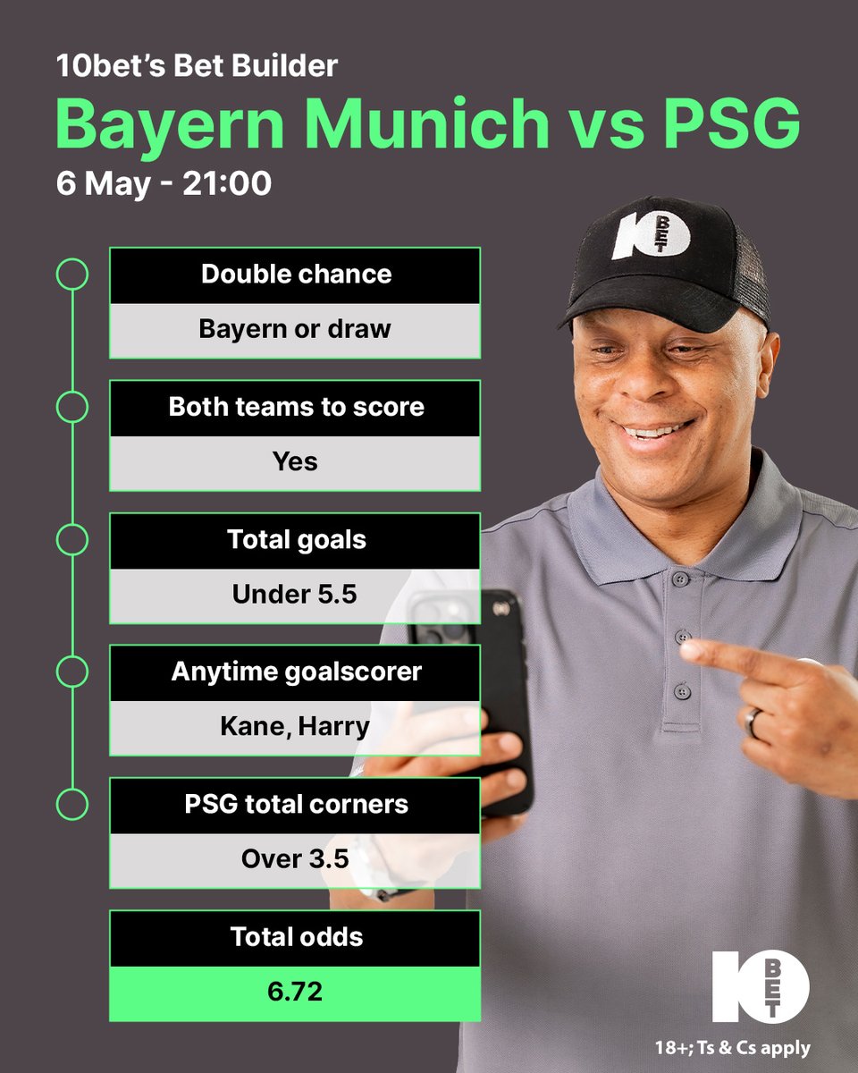 10bet_ZA's tweet photo. ⚽ UEFA Champions League Night ⚽
Bayern Munich 🆚 PSG
One match. Endless possibilities.
Create your perfect combo with 10bet’s Bet Builder and enjoy every moment of the action 🔥
📈 Bet Builder Odds: 6.72
Bet here👉 https://t.co/yNUBoB7Ii2
#BetBuilder #UCLt #BayernVsPSG @DK15_official