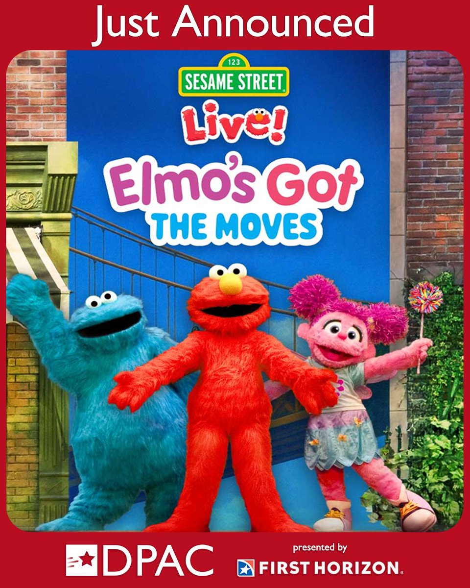 DPAC's tweet photo. 🚨 Just Announced 🚨
Make unforgettable memories with your little ones at Elmo’s Got the Moves, the all-new 
Sesame Street Live show coming to DPAC on October 22nd.🌟 
🎟️ on sale Friday at 10:00 AM at https://t.co/i1ekHgiprg
DPAC presented by First Horizon https://t.co/zEGIby6G1s